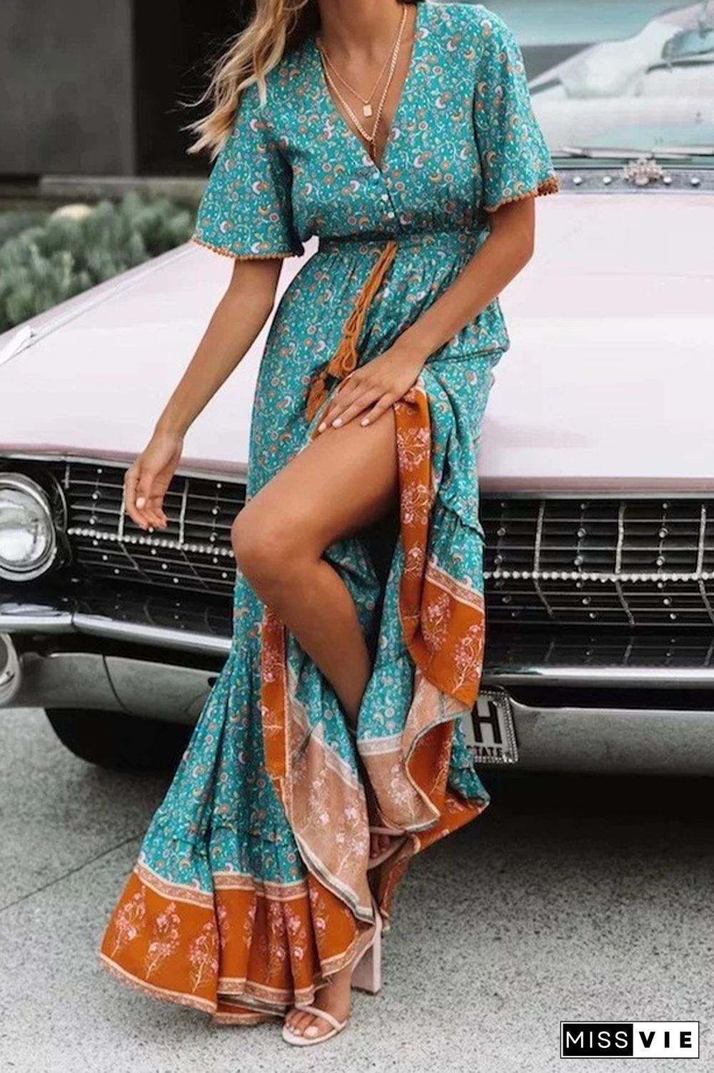 V Neck Buttoned Boho Print Maxi Dress