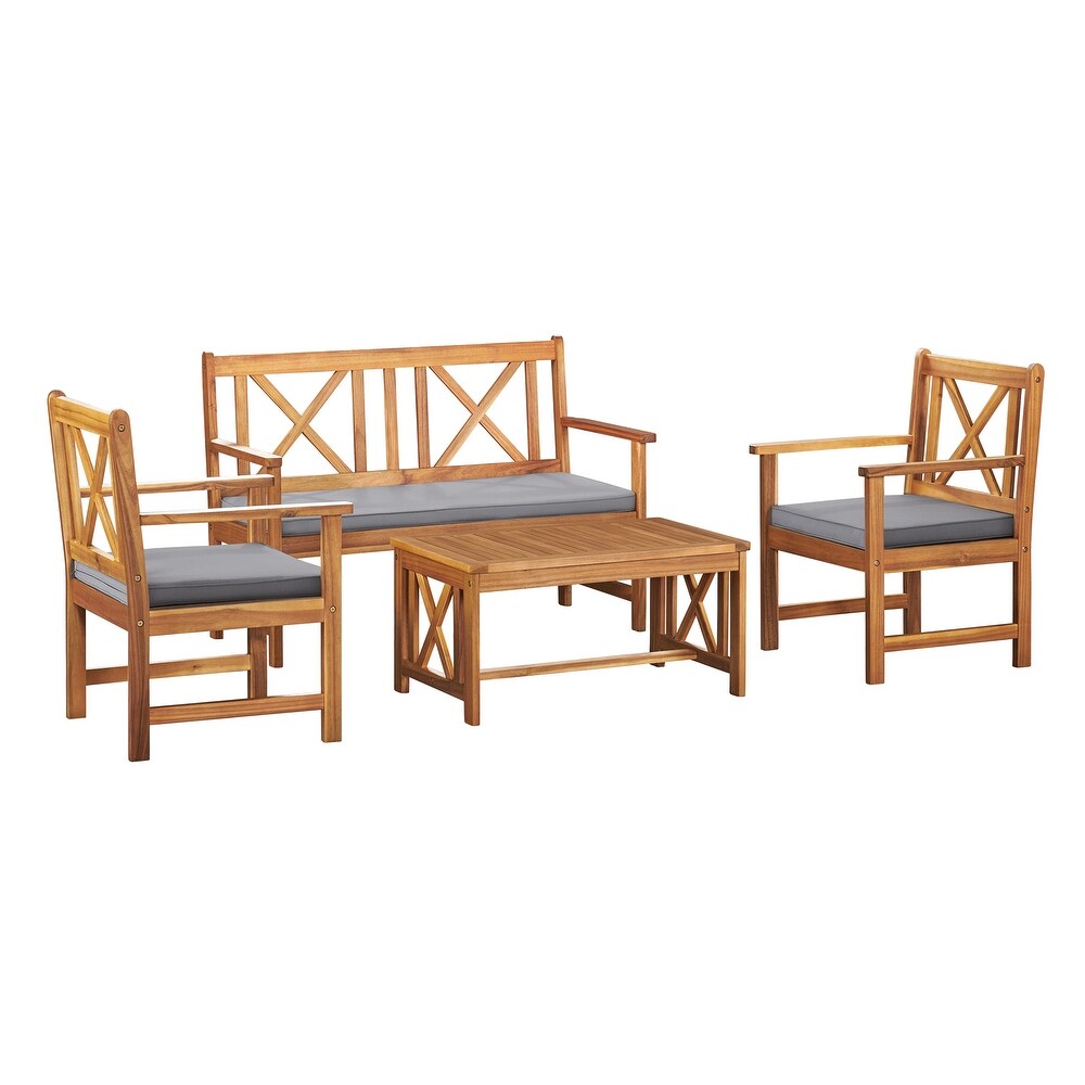 Manchester Acacia Outdoor Wood Conversation Set with Double Seat Bench  Coffee Table and 2 Chairs  Set 4