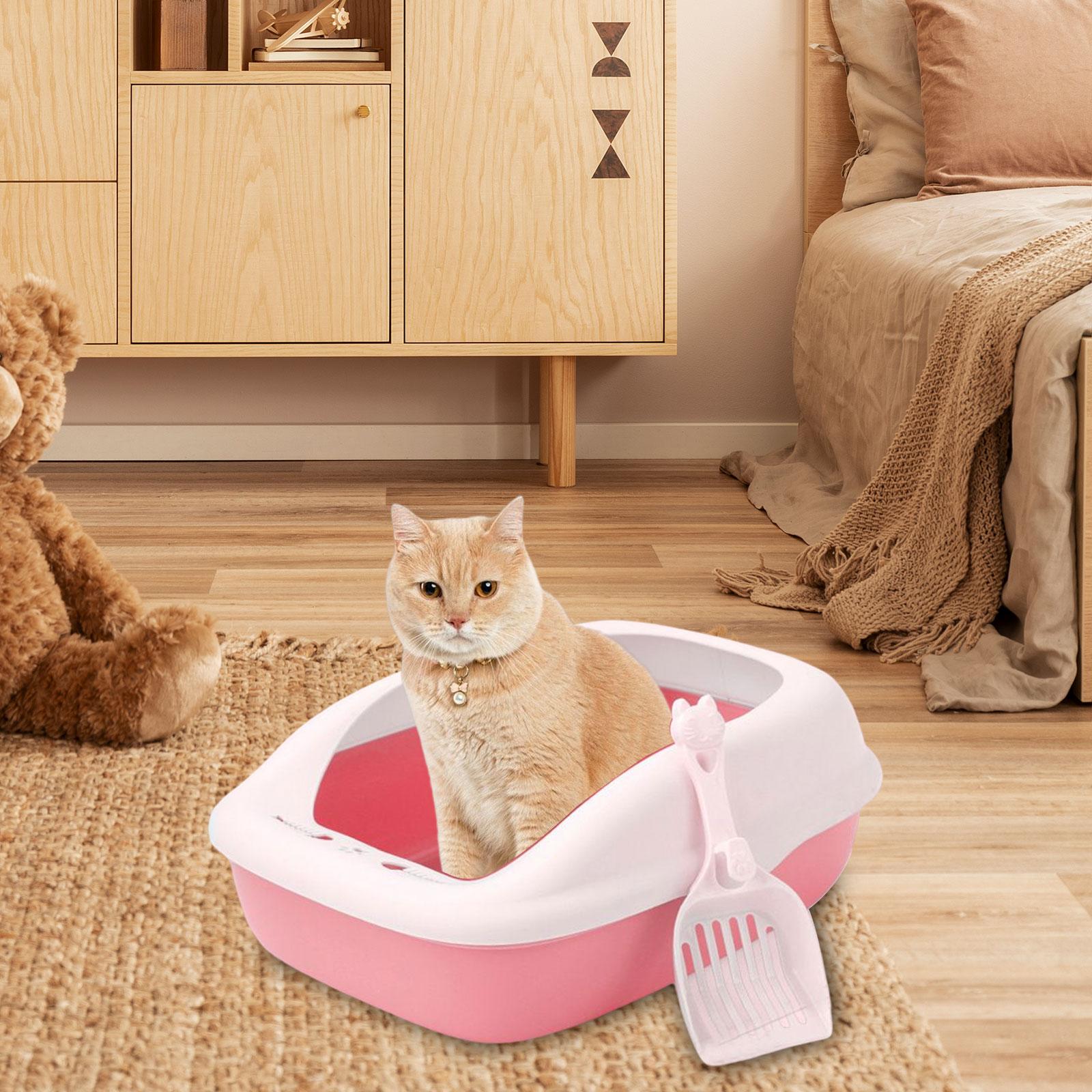 Cat Litter Box Heighten Kitty Litter Pan Portable Cat Sandbox Kitten Potty Toilet Pet Litter Tray for Small Animals Easy to Clean， No Odor Pink