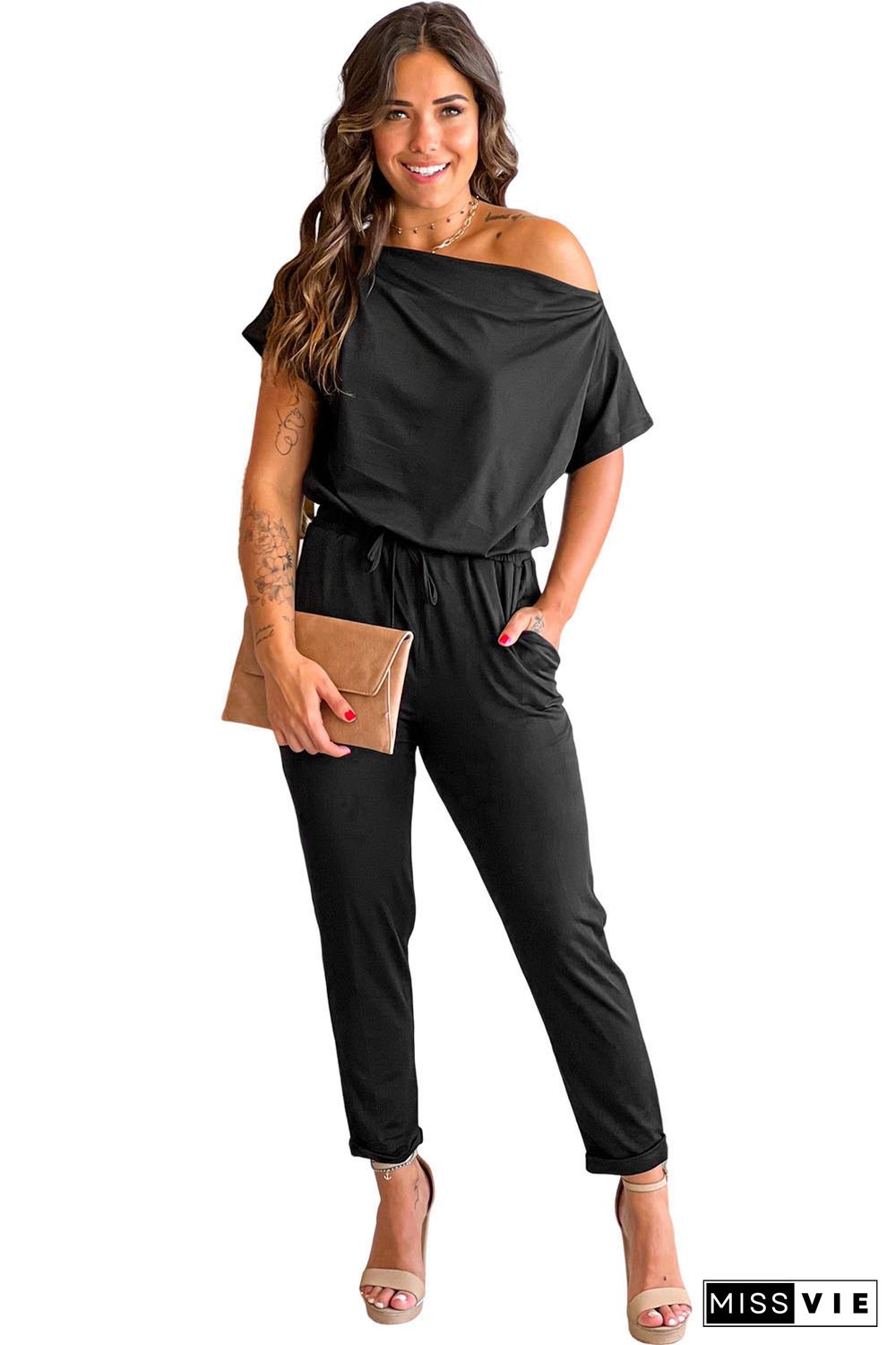 Black Tie Waist Short Sleeve Tapered Jumpsuit