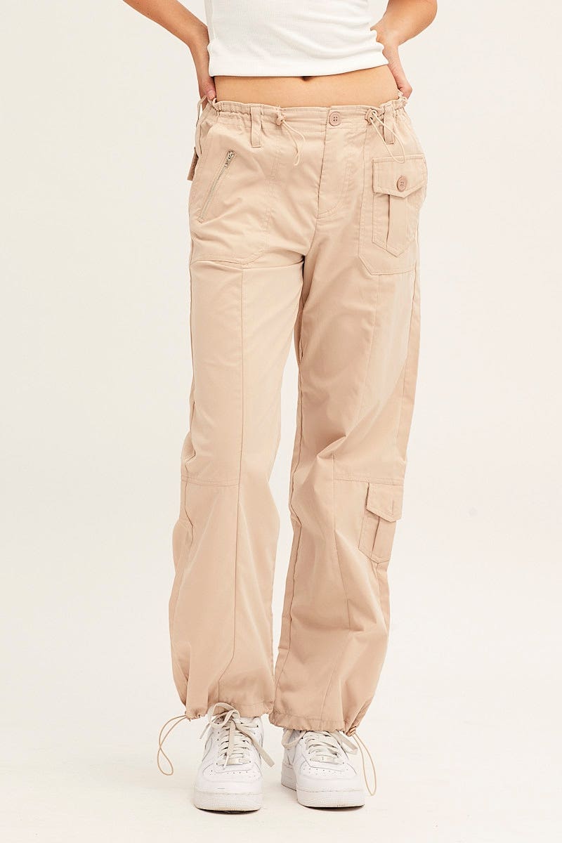Beige Pants Strap Waist Cargo