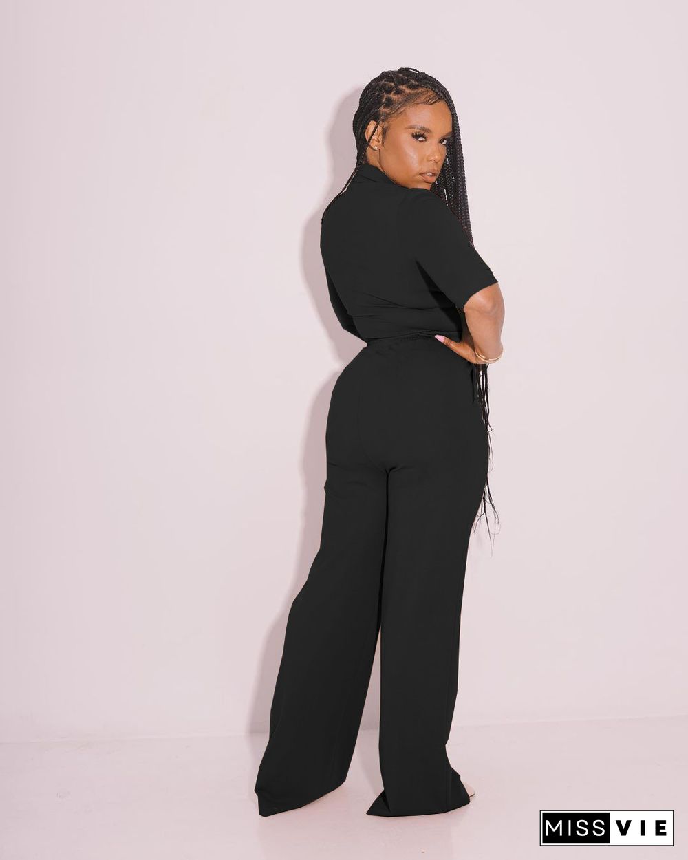 Zipper Short Sleeve Crop Top Wide Leg Pant Set