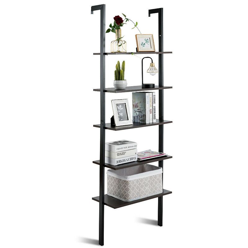 5-Tier Wood Look Ladder Shelf with Metal Frame for Home