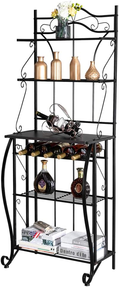 ROVSUN Upgrade Multiuse 5-Tier Metal Kitchen Bakers Rack ， Microwave Storage Rack Oven Stand with Wine Storage Organizer Workstation Black (25 x 16 x 68)