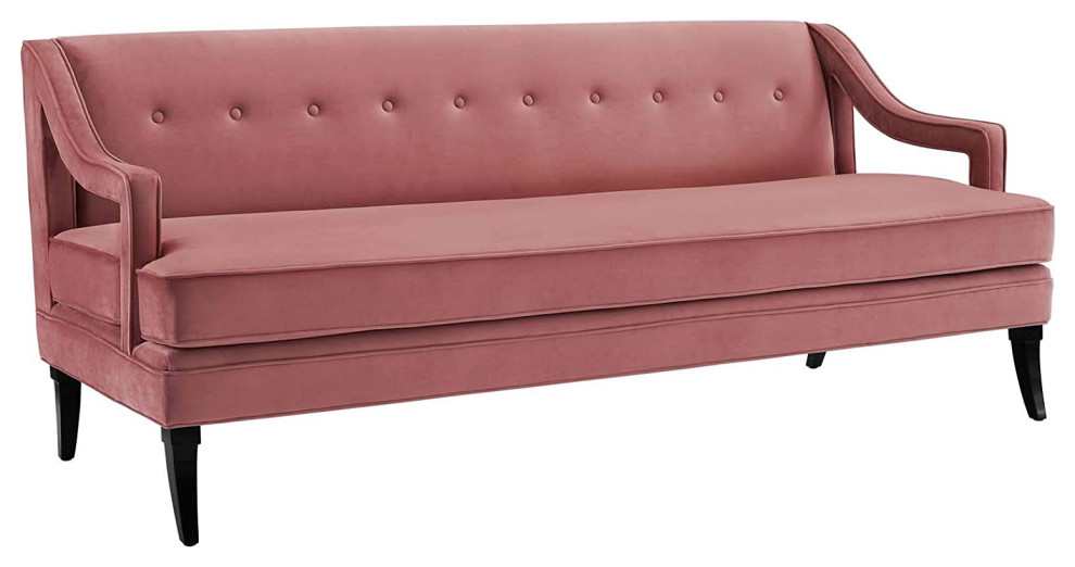 Mid Century Sofa  Dusty Rose Velvet Seat With Button Tufted Back  ampPiping Accent   Transitional   Sofas   by Declusia  Houzz