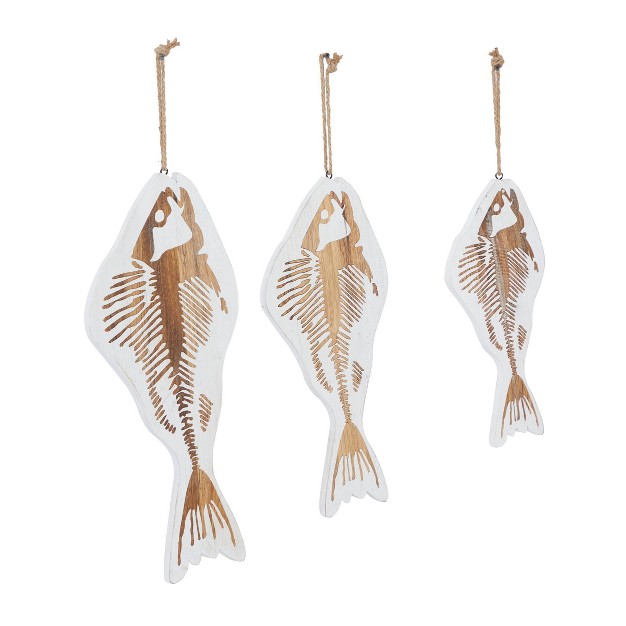 Set Of 3 Wood Fish Wall Decors With Hanging Rope White Olivia amp May