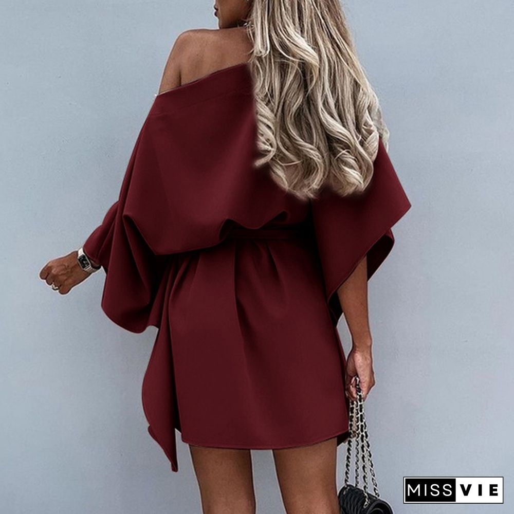 Women Fashion Batwing Sleeve Party Holiday Mini Dress One Off Shoulder Sexy Ruffled Short Dress Vestidos Plus Size