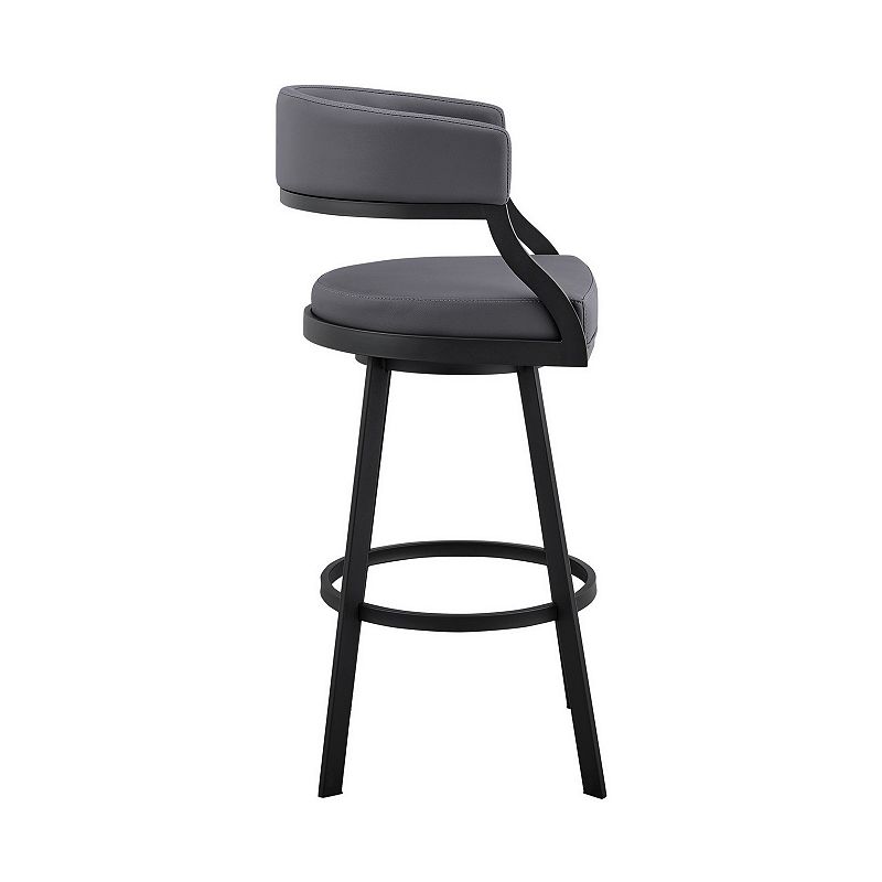 Beth 30 Inch Bar Stool， Curved Back， Swivel Chair， Vegan Faux Leather， Gray