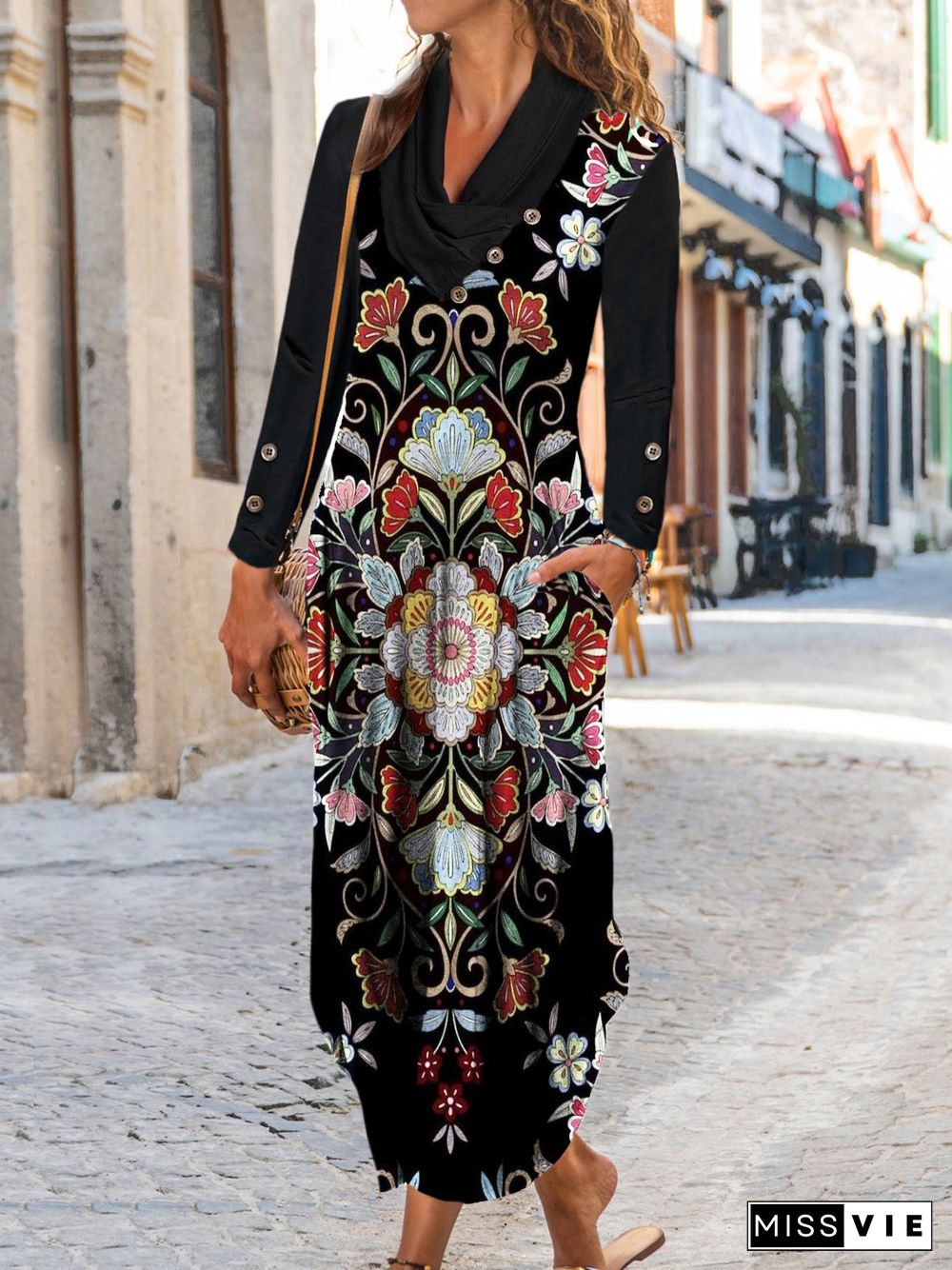 Buttoned V Neck Ethnic Floral Long Sleeve Plus Size Casual Dresses