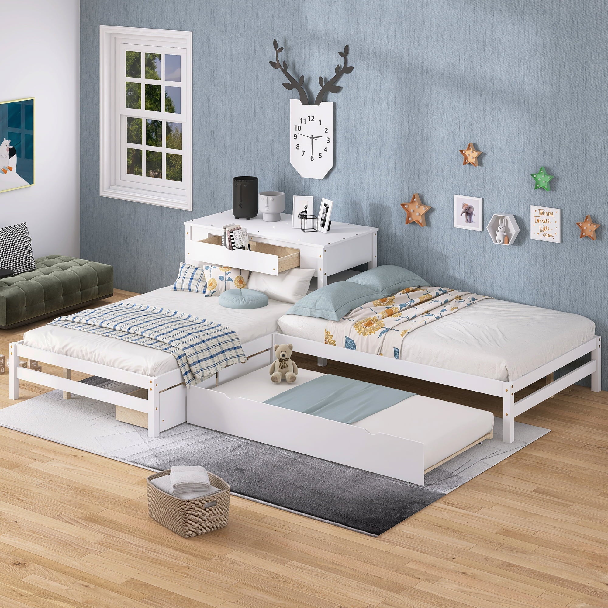 Full L-Shaped Platform Beds with Trundle, Drawers and Table for Kids Bedroom, White