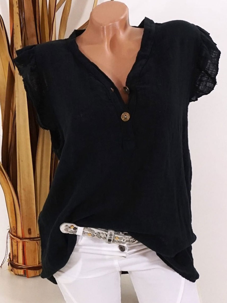 V-neck Casual Loose Solid Color Short-sleeved Blouse