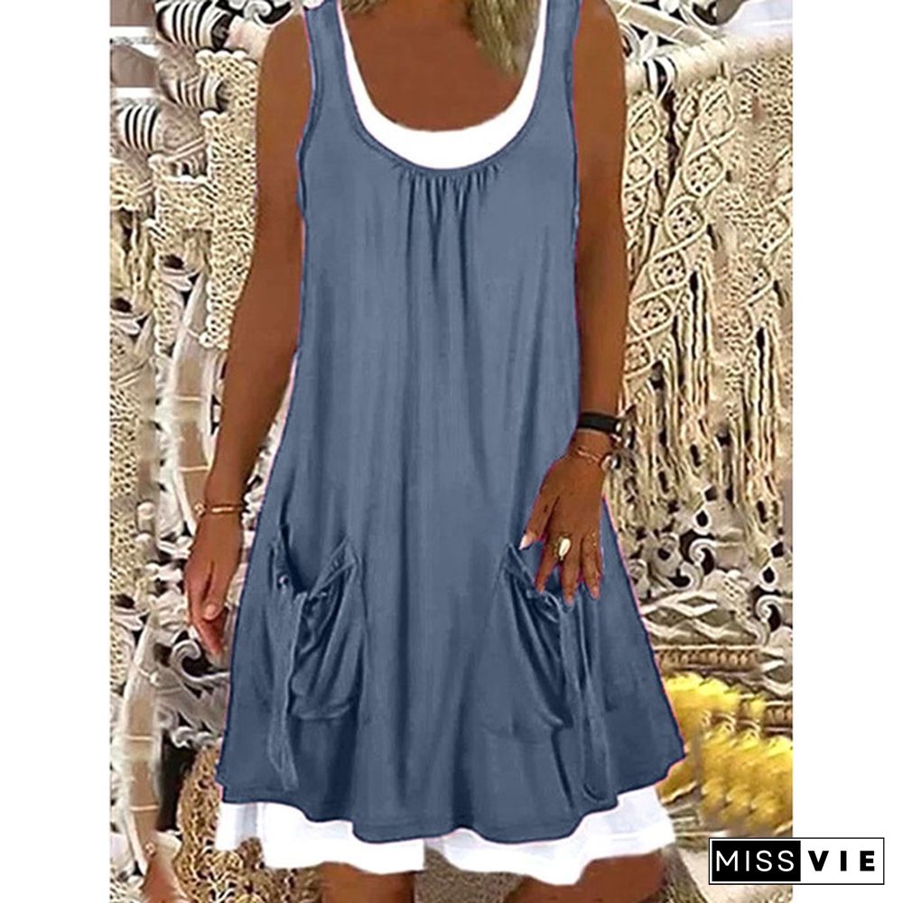 Xs-8Xl Summer Dress Plus Size Fashion Clothes Women's Casual Beach Wear Sleeveless Tank Top Dresses With Pockets Ladies Off Shoulder Stiching Layered Party Dress O-Neck Cotton Blending Loose Dress