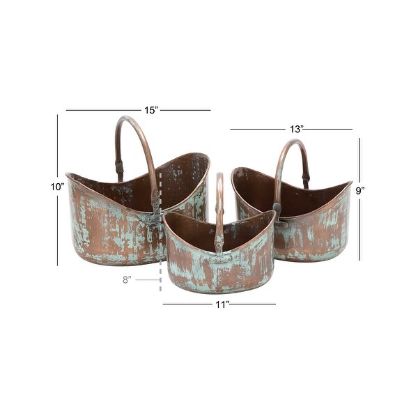 Copper Metal Patina Tulip Style Bucket Indoor Outdoor Planter with Stationary Handles (Set of 3)