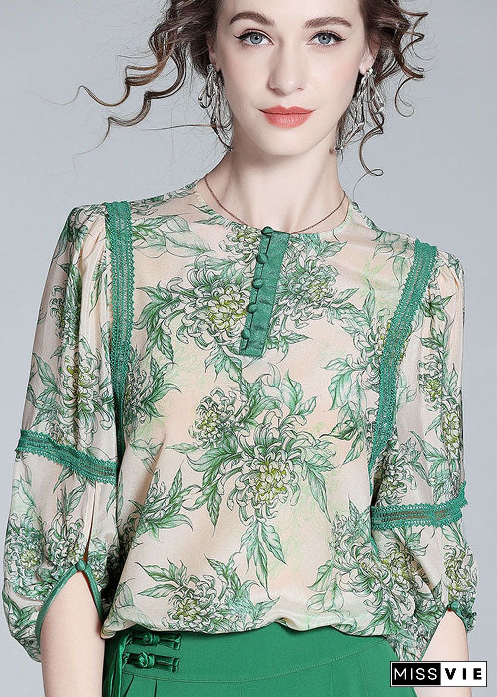 Natural Green O Neck Lace Patchwork Print Silk T Shirt Spring