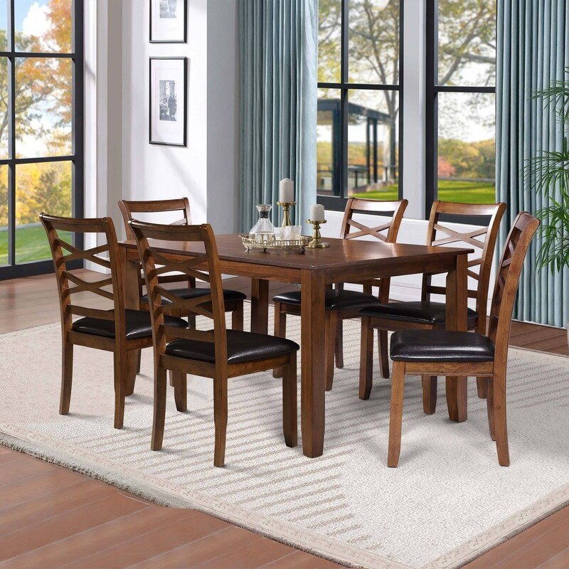 Classic Farmhouse Solid Wood/ Faux Leather 7 piece Rectangle Dining Set