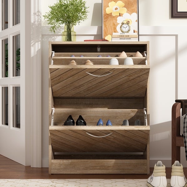 FAMAPY 8 Pair Shoe Storage Cabinet with 2 Drawers， Wood Color - - 35372765