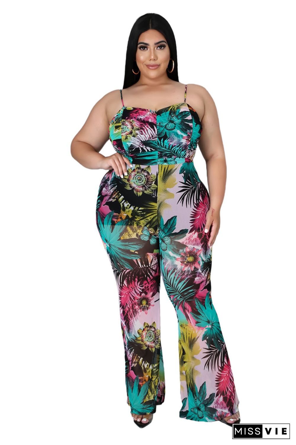 Plus Size Floral Print Sleeveless Wide Leg Jumpsuit