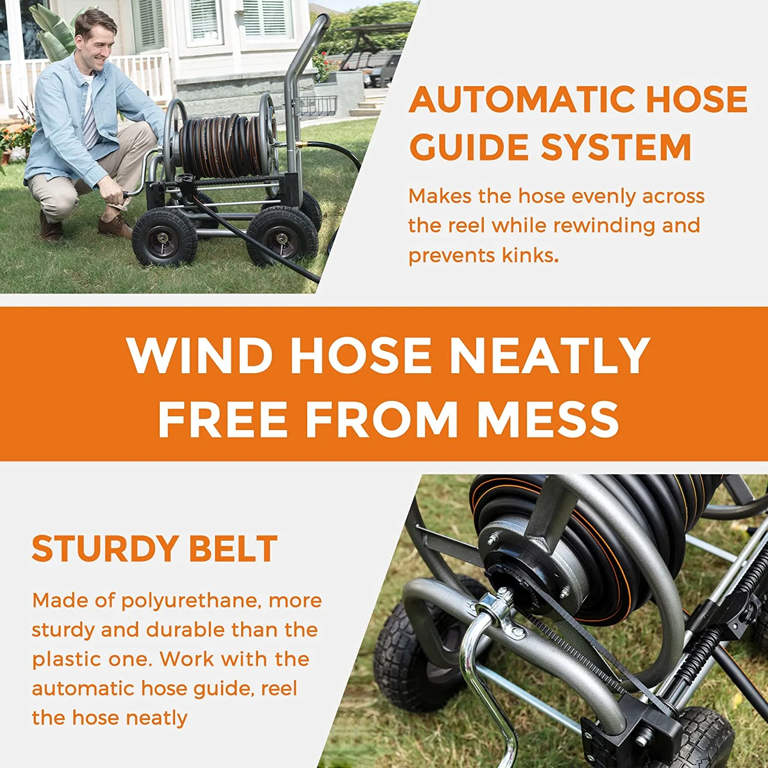 Hose Reel Cart, Hose Reel Cart with Wheels Heavy Duty, Industrial Hose Reels for Outside, 250-Feet of 5/8