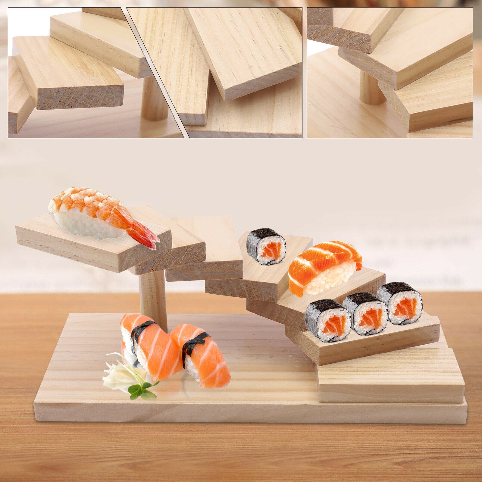 TFCFL 7-Tier Sushi Rack Staircase Shape Japanese Sushi Display Stand for Hotel Bamboo