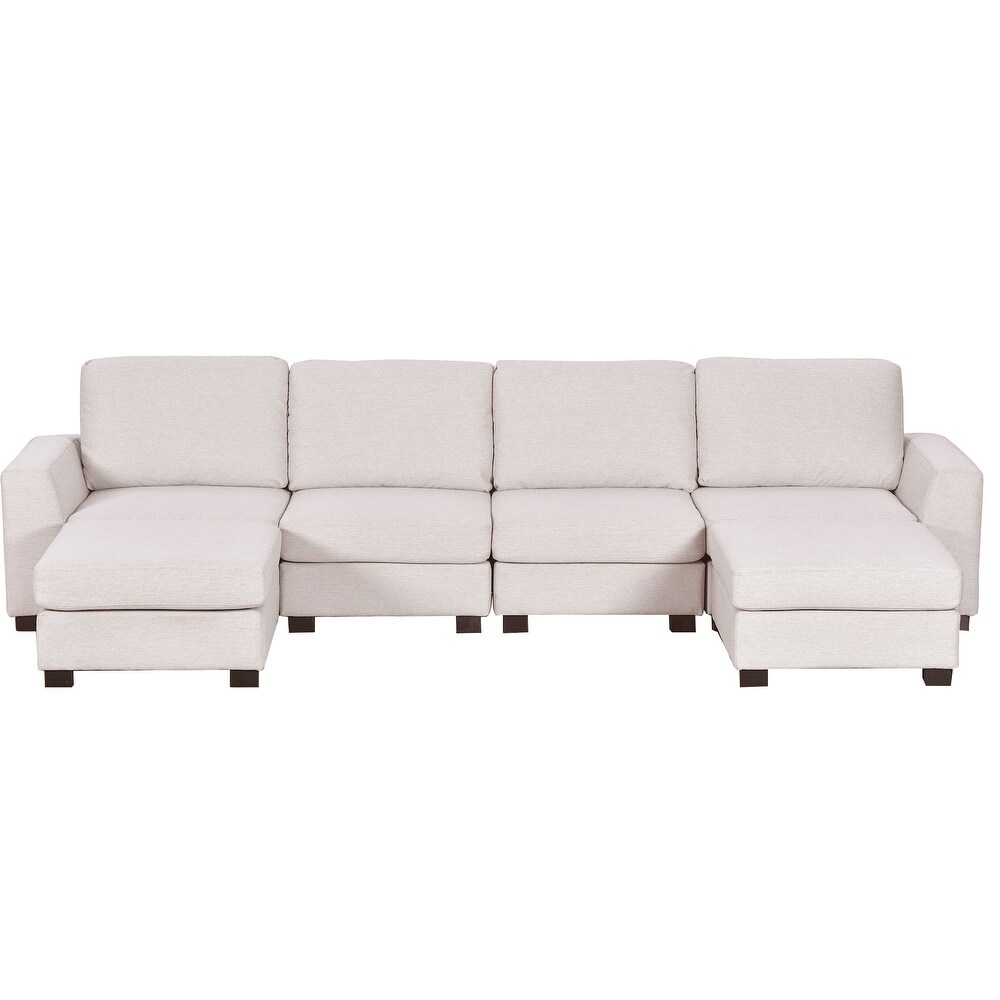 U_style 3 Pieces Sets U Shaped 4 Person Fabric Sofa Chaise Upholstered Sectional Sofa with Removable Ottomans and 2 Footrests