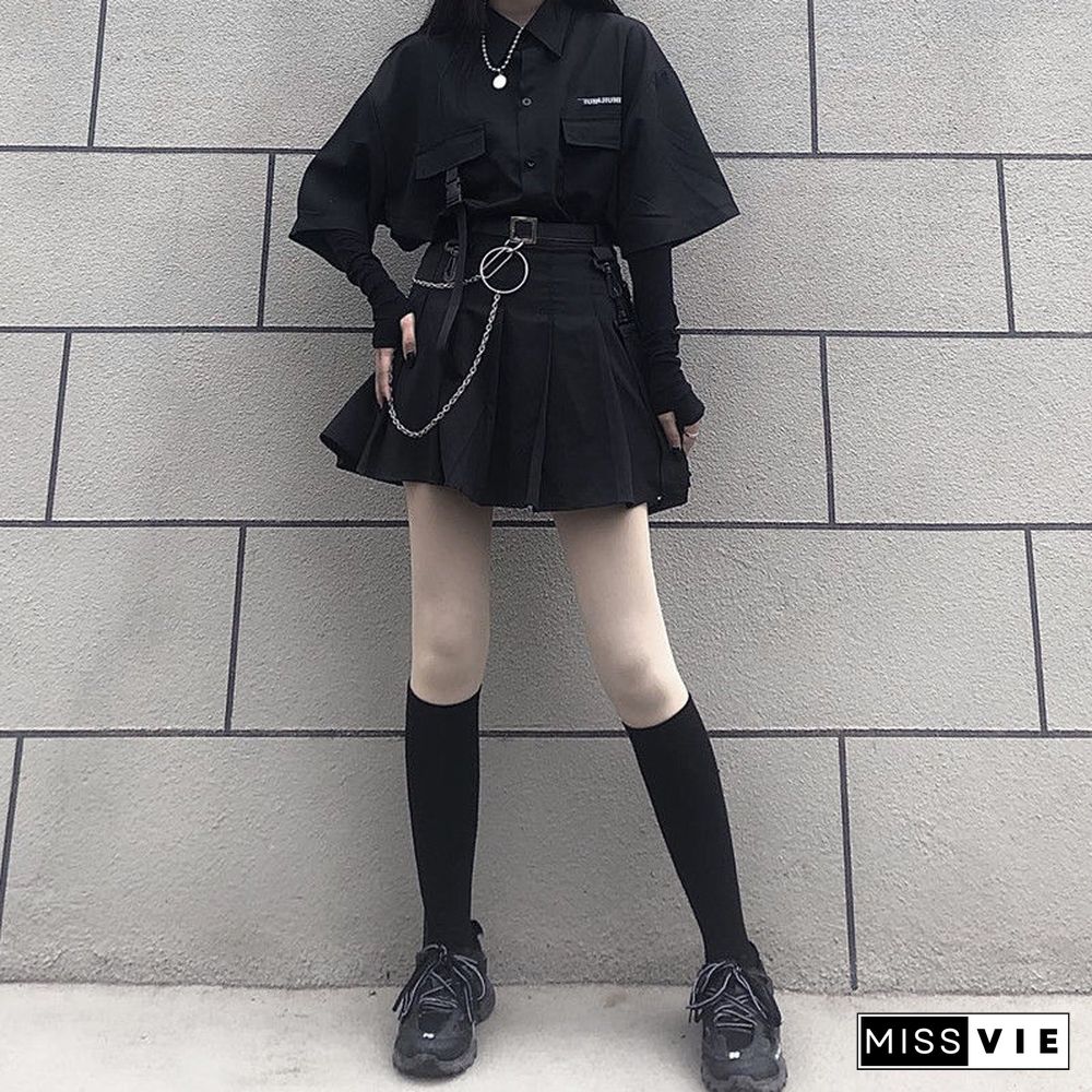 Vintage Loose Solid BF Gothic Two Piece Set Women Summer Casual Korean Button Shirt And Black Pleated A-line Mini Yk2 Skirt