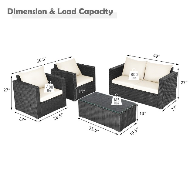 Costway 4pcs Patio Rattan Furniture Set Cushioned Sofa Chair Coffee Table Off White