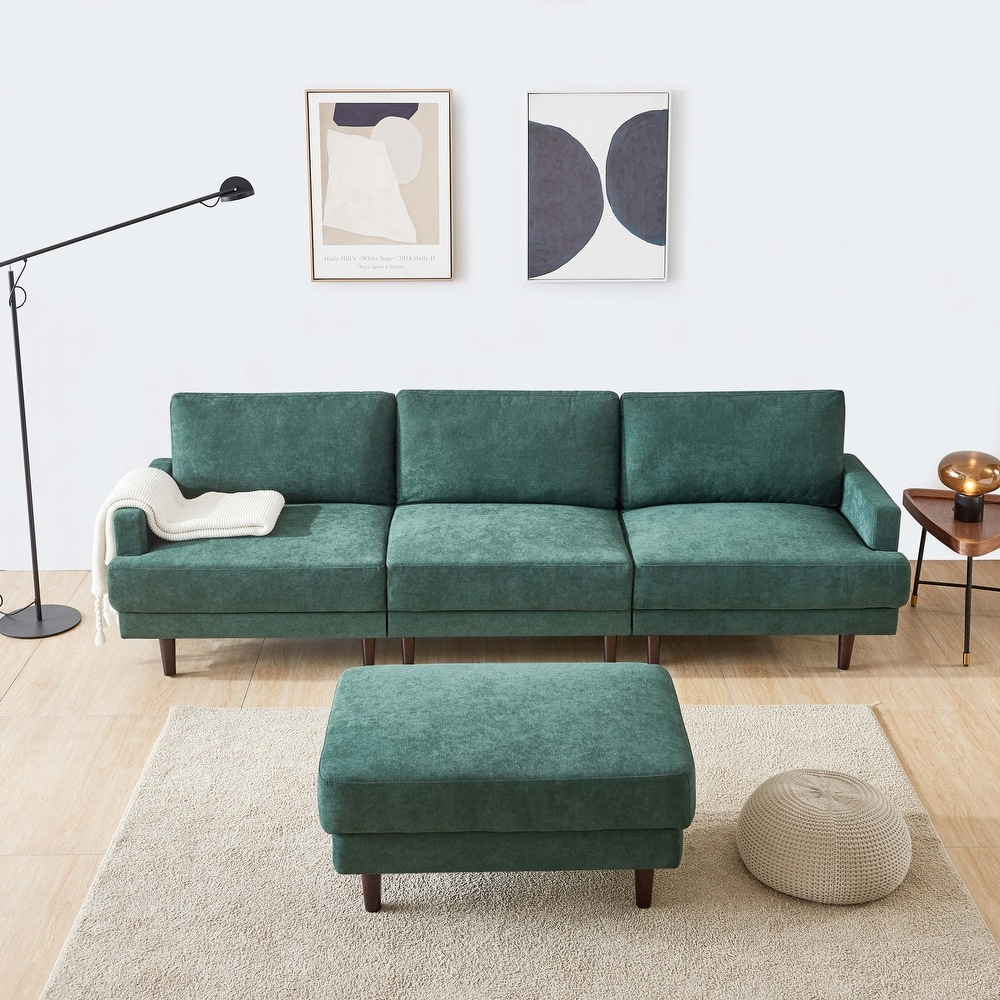 Modern Fabric Sofa L Shape Polyester Padded 3 Seater Sofas Removable Back Cushions Sofas with Ottoman and Rubber Wood Legs