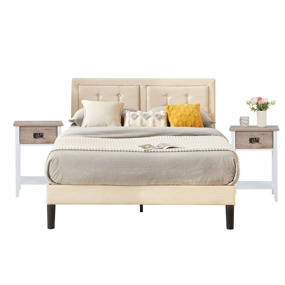 VECELO 3 Piece Upholstered Bedroom Set Tufted Adjustable Bed and Multi Color Nightstand Set of 2