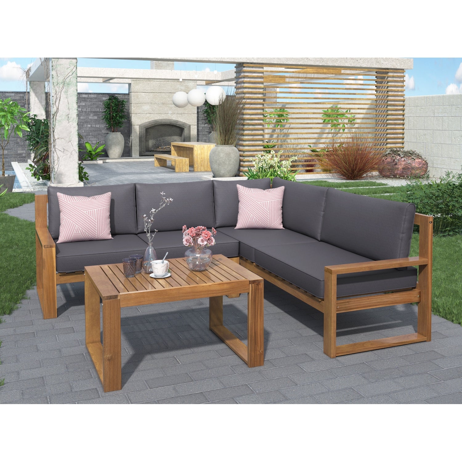 3-Piece Wood Patio Sectional Sofa Set with Coffee Table and Soft Thick Cushions - Overstock - 35972586