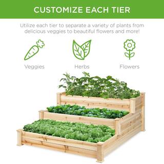 Best Choice Products 4 ft. x 4 ft. 3-Tier Wooden Raised Garden Bed Planter Kit for Plants Vegetables Outdoor Gardening - Natural SKY2375