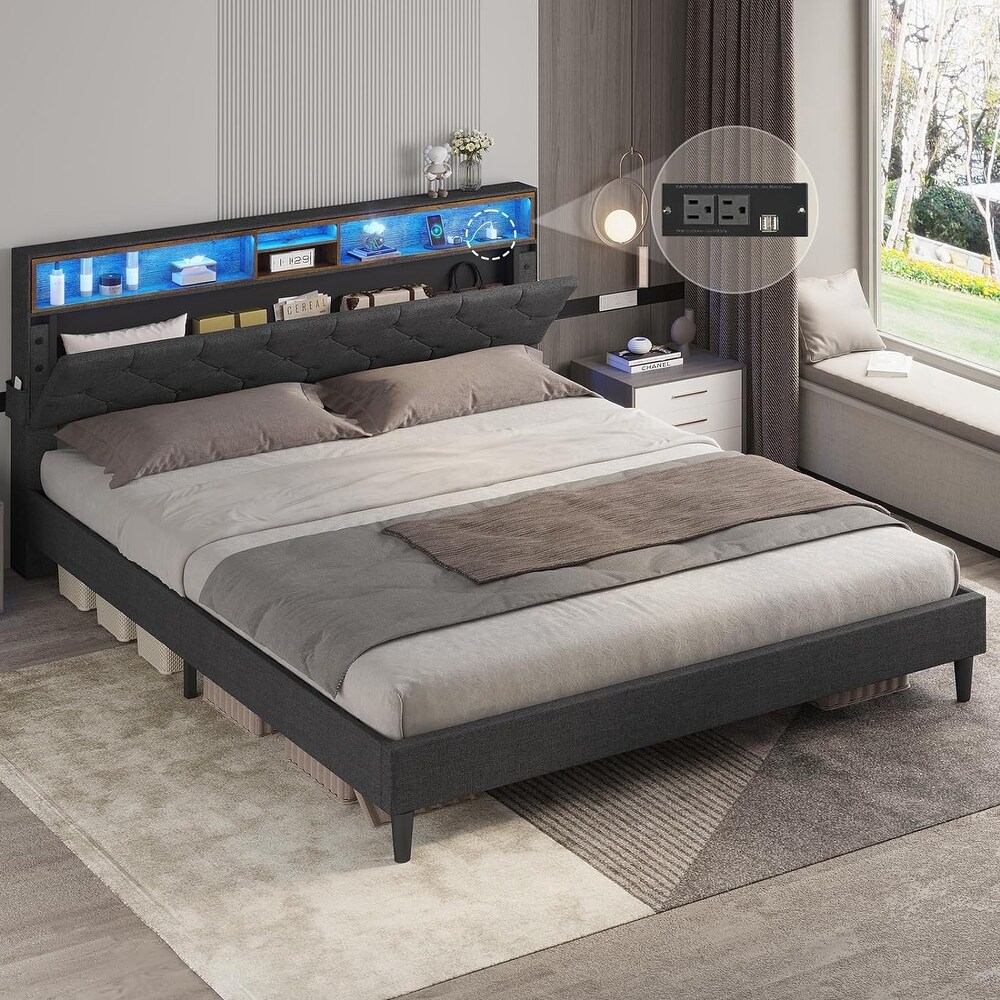 Queen Platform Bed Frame LED Light Headboard Storage Shelves