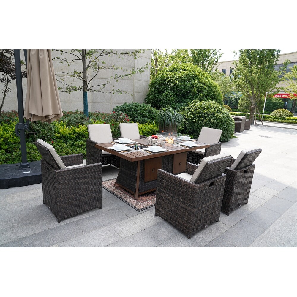 Brown Garden Patio Rectangular Dining Set With Gas Firepit And Ice Bucket and Ottomans