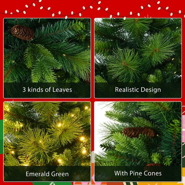 6FT Green Christmas Tree，Branches Pine Tree，PreLit Set with Tree and Garland and Wreath，Christmas with Pine Cones，Hinged Xmas Tree