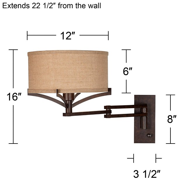 Franklin Iron Works Tremont Rustic Farmhouse Swing Arm Wall Lamp Bronze Plug in Light Fixture Tan Burlap Drum Shade For Bedroom Bedside Living Room