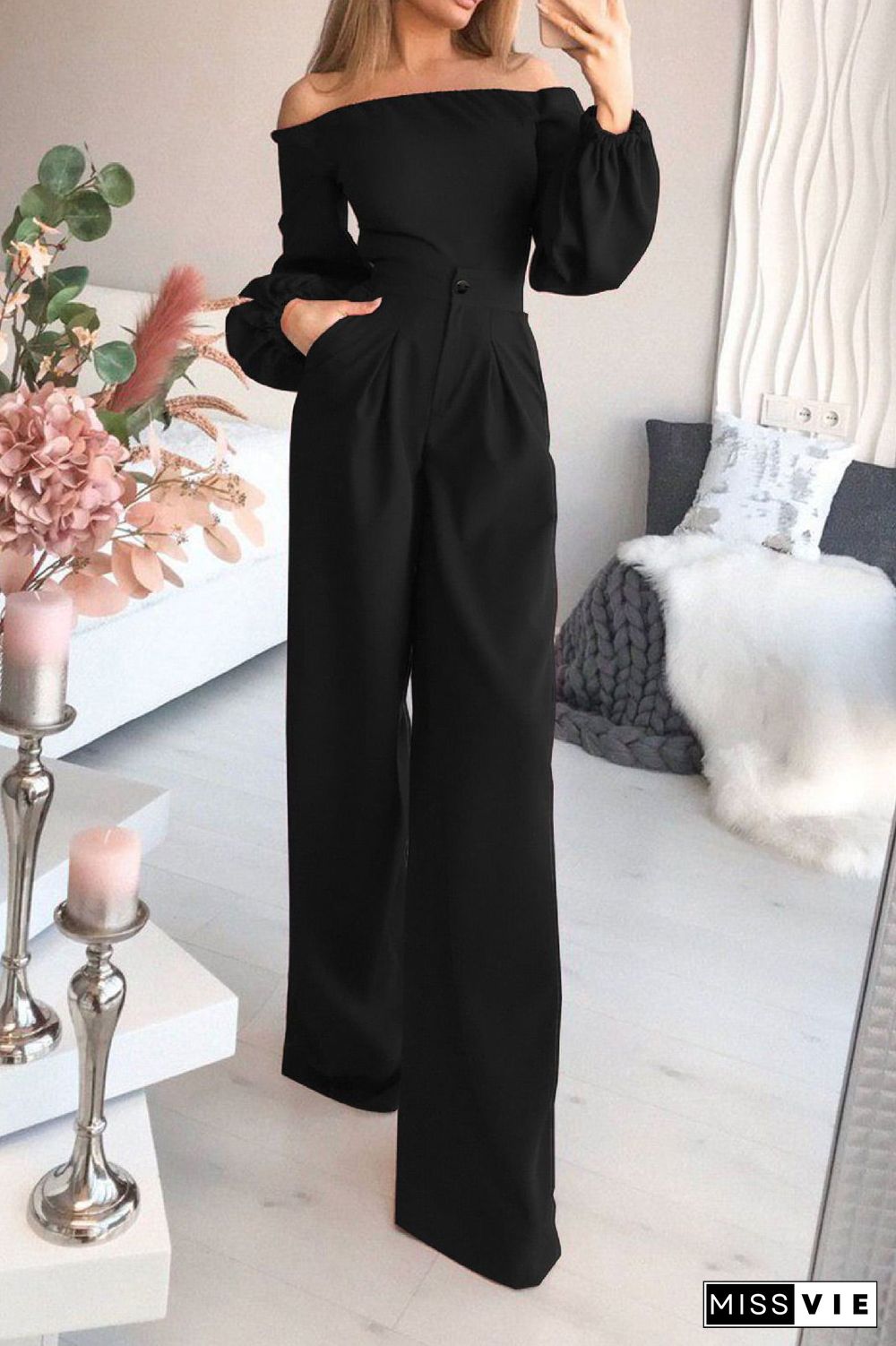 Dark Green Off-the-Shoulder Long Sleeve Jumpsuit