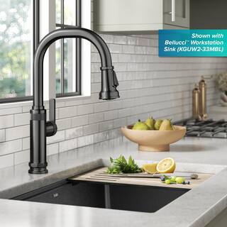 KRAUS Allyn Industrial Pull-Down Single Handle Kitchen Faucet in Spot-Free Black Stainless Steel KPF-4102SFSB