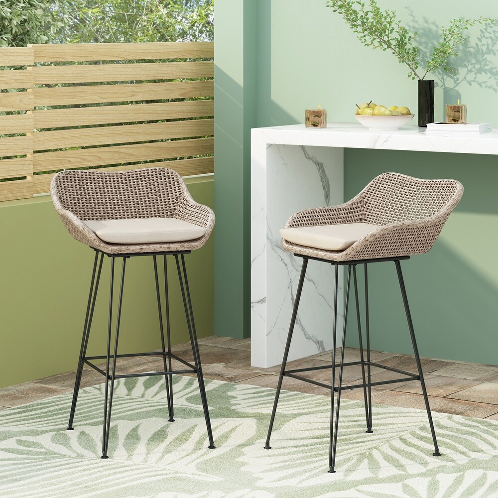 Kevin Outdoor Wicker and Iron Barstool (Set of 2) by Christopher Knight Home