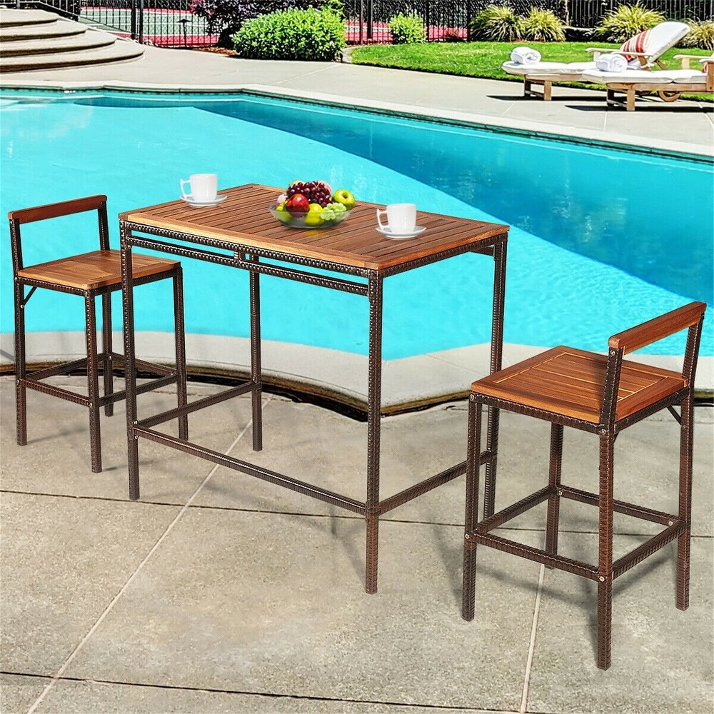 3PCS Acacia Wood Steel Frame Patio Rattan Wicker Bar Dining Set