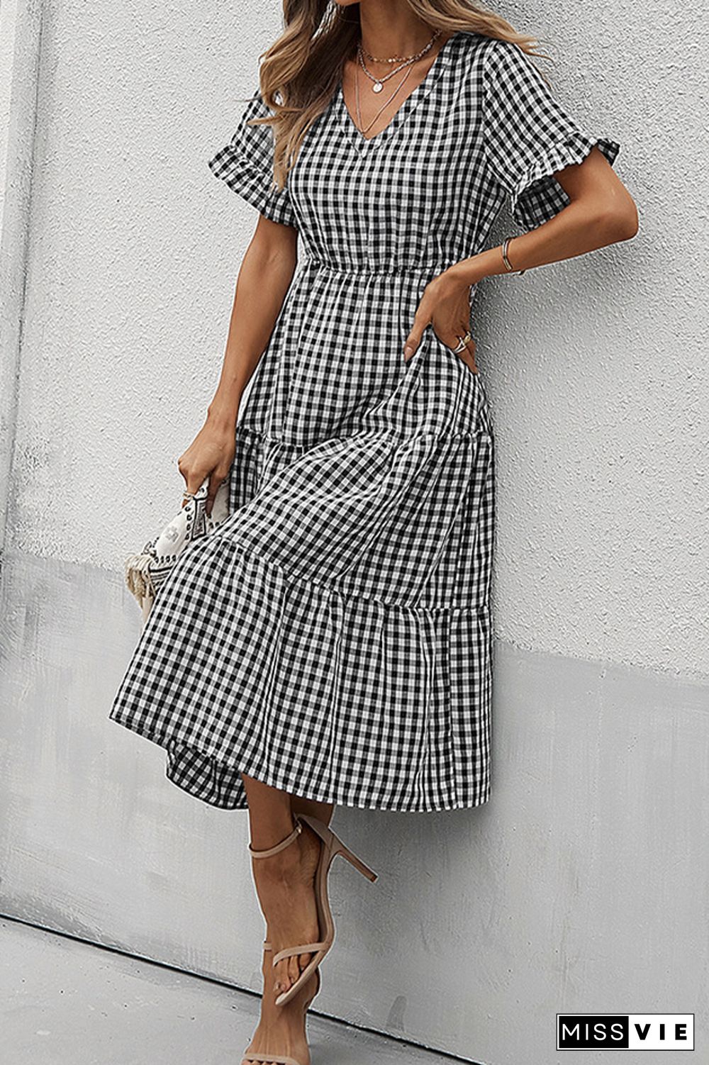 Plaid V-neck Short Sleeve Long Dress Wholesale