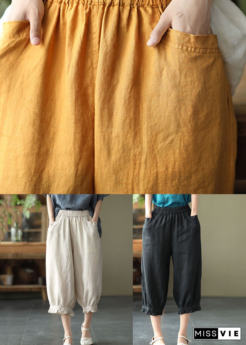 Beige Pockets Patchwork Linen Crop Pants Elastic Waist Summer