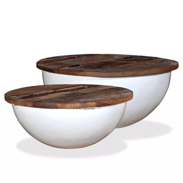 2 Piece Coffee Table Set with Storage， Solid Reclaimed Wood Bowl Shape