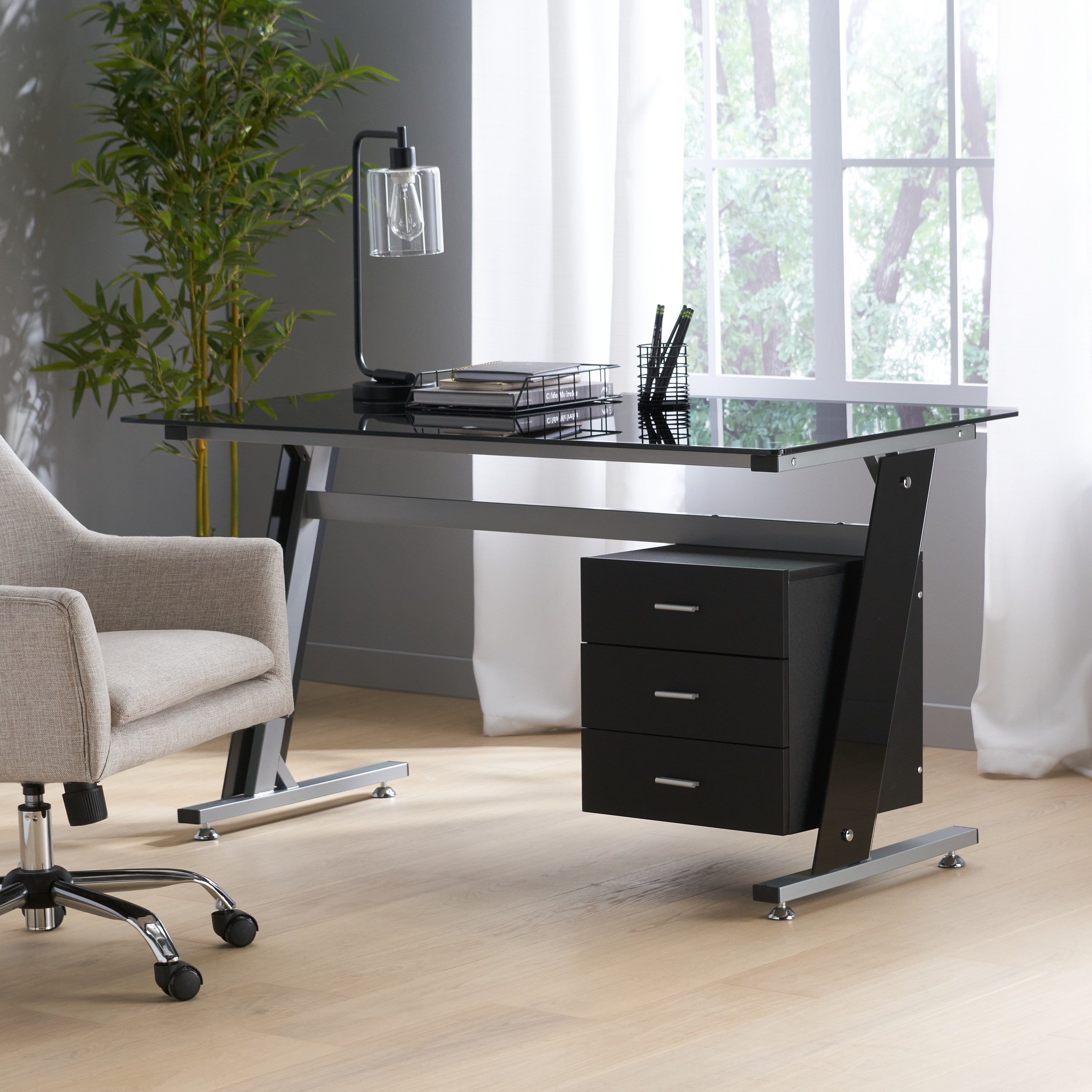 Berlin Modern Tempered Glass Computer Desk with Storage