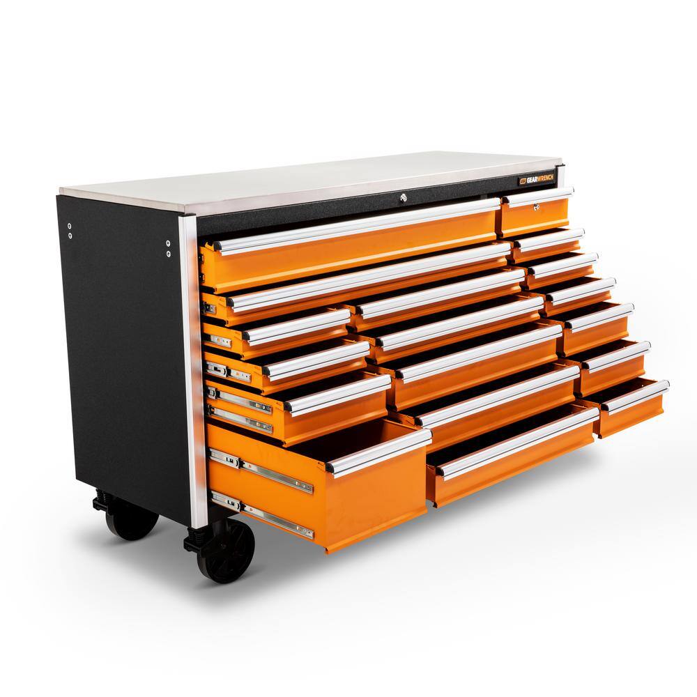 GEARWRENCH GSX 72 in. x 25 in. 18-Drawer Orange and Black Rolling Mobile Workbench Cabinet with Stainless Steel Worktop 83249