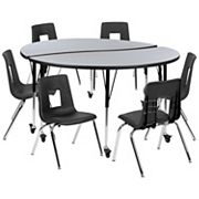 Emma and Oliver Mobile 60 Circle Wave Activity Table Set-18 Student Stack Chairs， Oak/Black