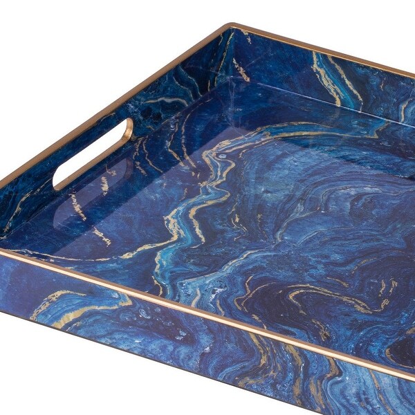 19， 18 Inch Set of 2 Modern Decorative Trays， Blue Pattern with Gold Rim - 26 H x 37 W x 37 L Inches