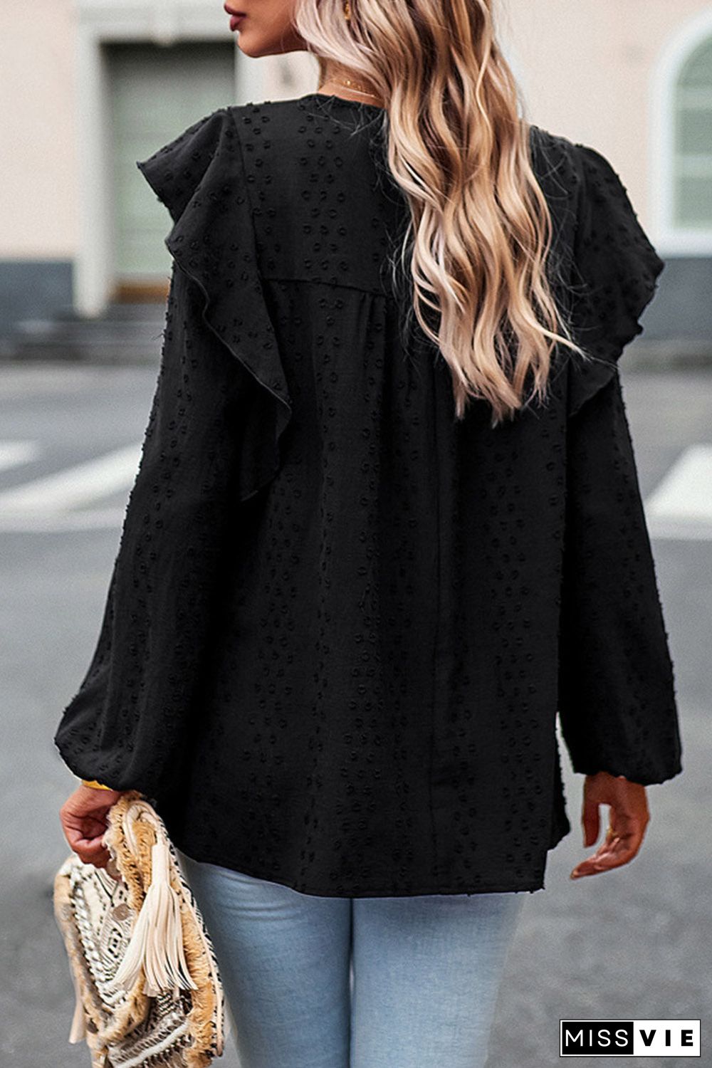 Lace Eyelet Ruffle Shoulder Long Sleeve Blouse