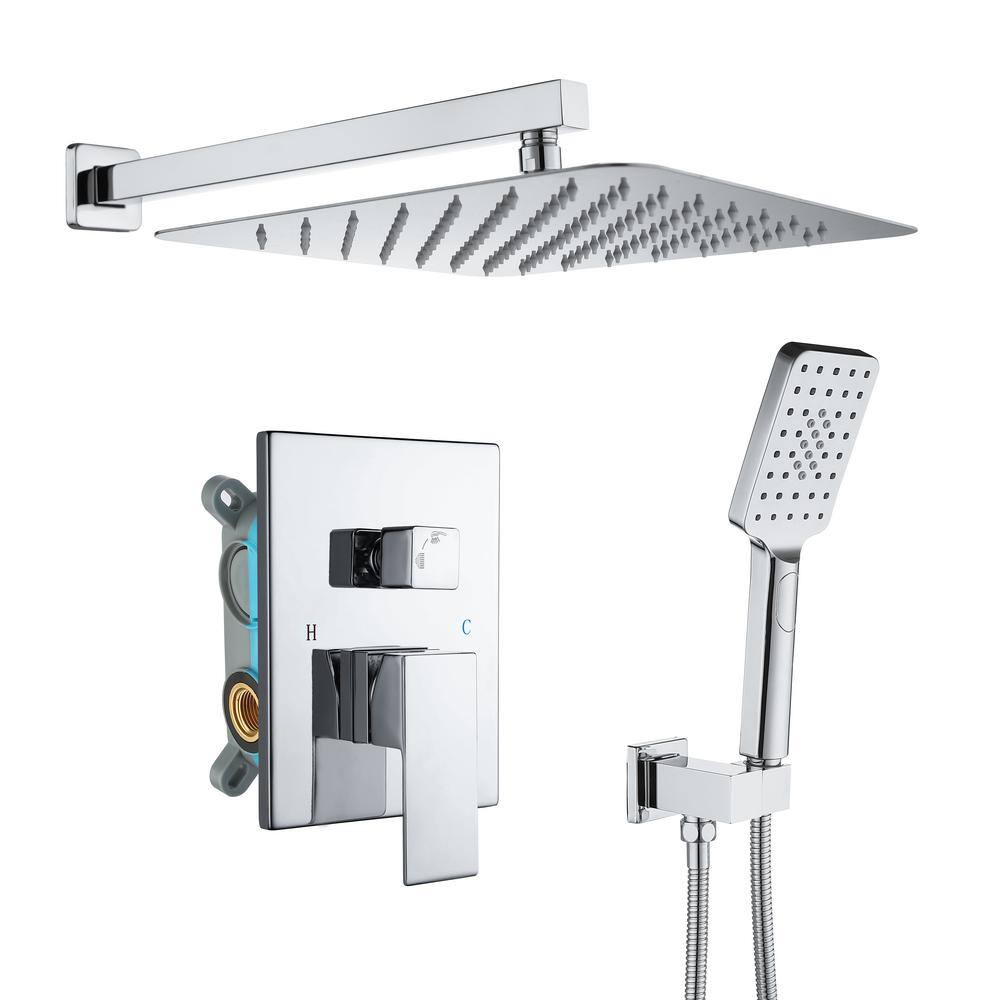 Mondawe Mondawell Square 3-Spray Patterns 12 in. Wall Mount Rain Dual Shower Heads with Handheld and Valve in Chrome MA-D98102CP