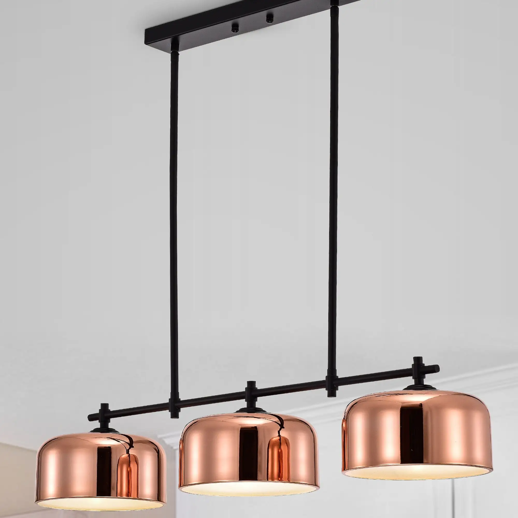 Janitza Rose Gold and Matte Black Metal Bowl Shade 3-Light Chandelier