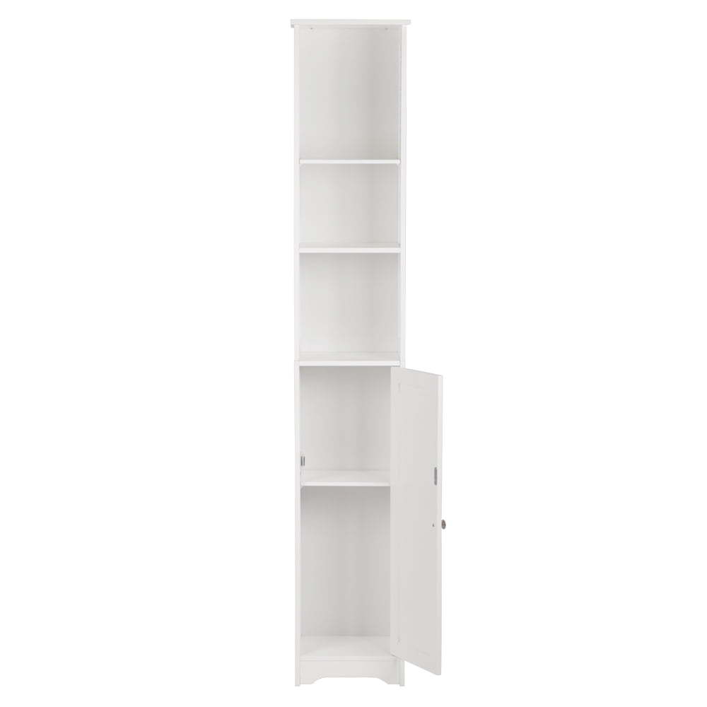 VINGLI 67" Tall Narrow Cabinet Free Standing Bathroom Storage Tower Cabinet White Slim Pantry Cabinet with 3 Open Shelves and 1 Door Adjustable Shelf Corner Linen Organizer