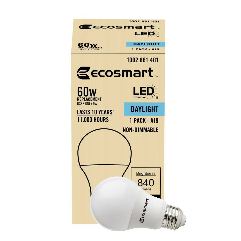 EcoSmart 60-Watt Equivalent A19 Non-Dimmable LED Light Bulb Daylight 5000 (1-Pack) B7A19A60WUL31